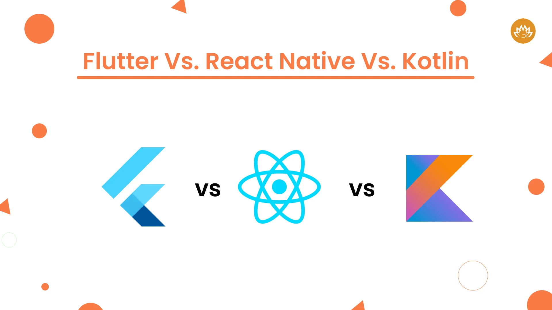 Comparison banner titled 'Flutter vs. React Native vs. Kotlin' with three large logos beneath it: the Flutter logo on the left, the React Native logo in the center, and the Kotlin logo on the right. The background is white with orange decorative geometric shapes.